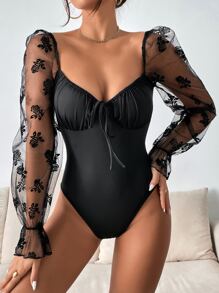 Firerie Contrast Floral Print Mesh Flounce Sleeve Ruched Bust Tie Backless Bodysuit - Black - View 4