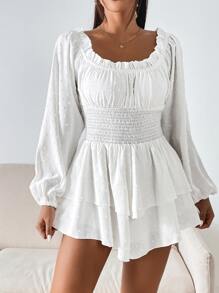 SHEIN VCAY 圓點燈籠袖打褶雙層下擺雪紡連身短褲 - 白色 - 查看 1