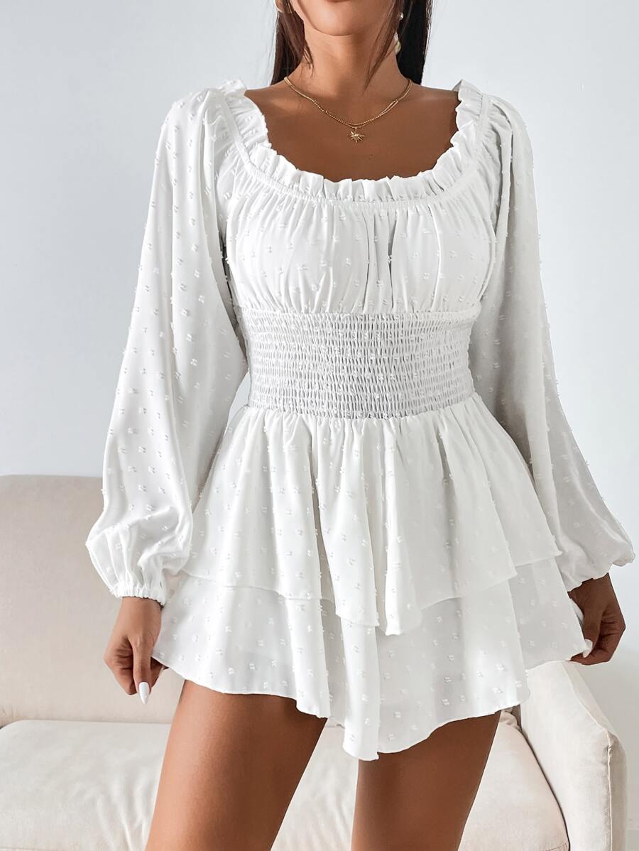 SHEIN VCAY 圓點燈籠袖打褶雙層下擺雪紡連身短褲 - 白色 - 查看 1