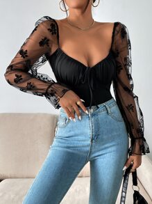 Firerie Contrast Floral Print Mesh Flounce Sleeve Ruched Bust Tie Backless Bodysuit - Black - View 5