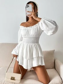 SHEIN VCAY 圓點燈籠袖打褶雙層下擺雪紡連身短褲 - 白色 - 查看 6