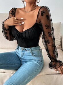 Firerie Contrast Floral Print Mesh Flounce Sleeve Ruched Bust Tie Backless Bodysuit - Black - View 6