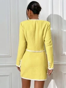 Cazadora corta unida en contraste & Falda ajustada - Amarillo - Ver 2