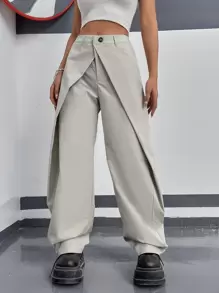 SHEIN ICON 戶外運動風戶外運動風高腰褶皺長褲不附腰帶 - 淺灰色 - 查看 1