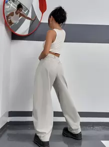 SHEIN ICON 戶外運動風戶外運動風高腰褶皺長褲不附腰帶 - 淺灰色 - 查看 2