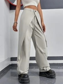 SHEIN ICON 戶外運動風戶外運動風高腰褶皺長褲不附腰帶 - 淺灰色 - 查看 4