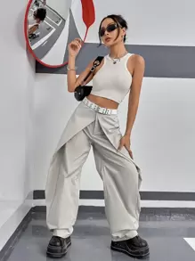 SHEIN ICON 戶外運動風戶外運動風高腰褶皺長褲不附腰帶 - 淺灰色 - 查看 5