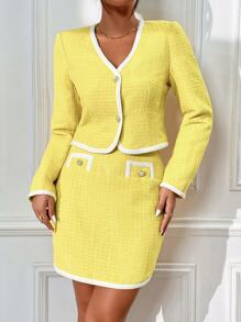 Cazadora corta unida en contraste & Falda ajustada - Amarillo - Ver 6