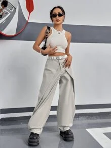 SHEIN ICON 戶外運動風戶外運動風高腰褶皺長褲不附腰帶 - 淺灰色 - 查看 6