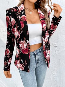 SHEIN Clasi Áo khoác  âu phục nữ Hoa Tất cả trên in Thanh lịch - màu đen - Xem 1