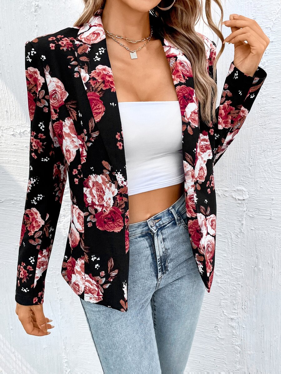 SHEIN Clasi Áo khoác  âu phục nữ Hoa Tất cả trên in Thanh lịch - màu đen - Xem 1