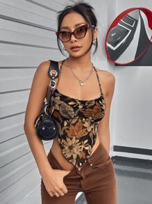 SHEIN ICON Y2k春季花卉印花綁帶無背心帶裝襯衫 - 棕色 - 查看 4