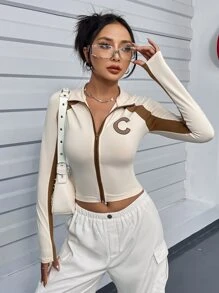 SHEIN ICON Bikercore字母圖案拼接面插肩袖短款T恤 - 米色 - 查看 6