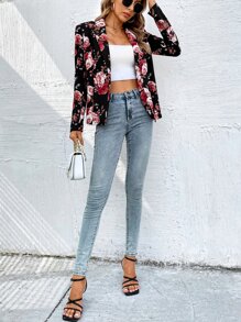 SHEIN Clasi Áo khoác  âu phục nữ Hoa Tất cả trên in Thanh lịch - màu đen - Xem 8