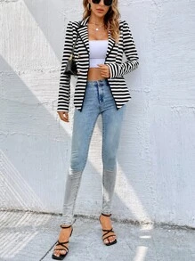 SHEIN Essnce Striped Double Breasted Blazer - Black and White - View 7