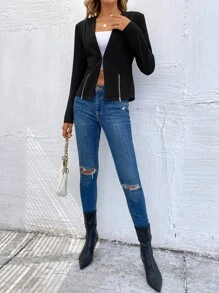 SHEIN Privé Blazer unicolor con cremallera delantera - Negro - Ver 6