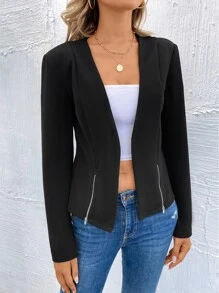 SHEIN Privé Blazer unicolor con cremallera delantera - Negro - Ver 7