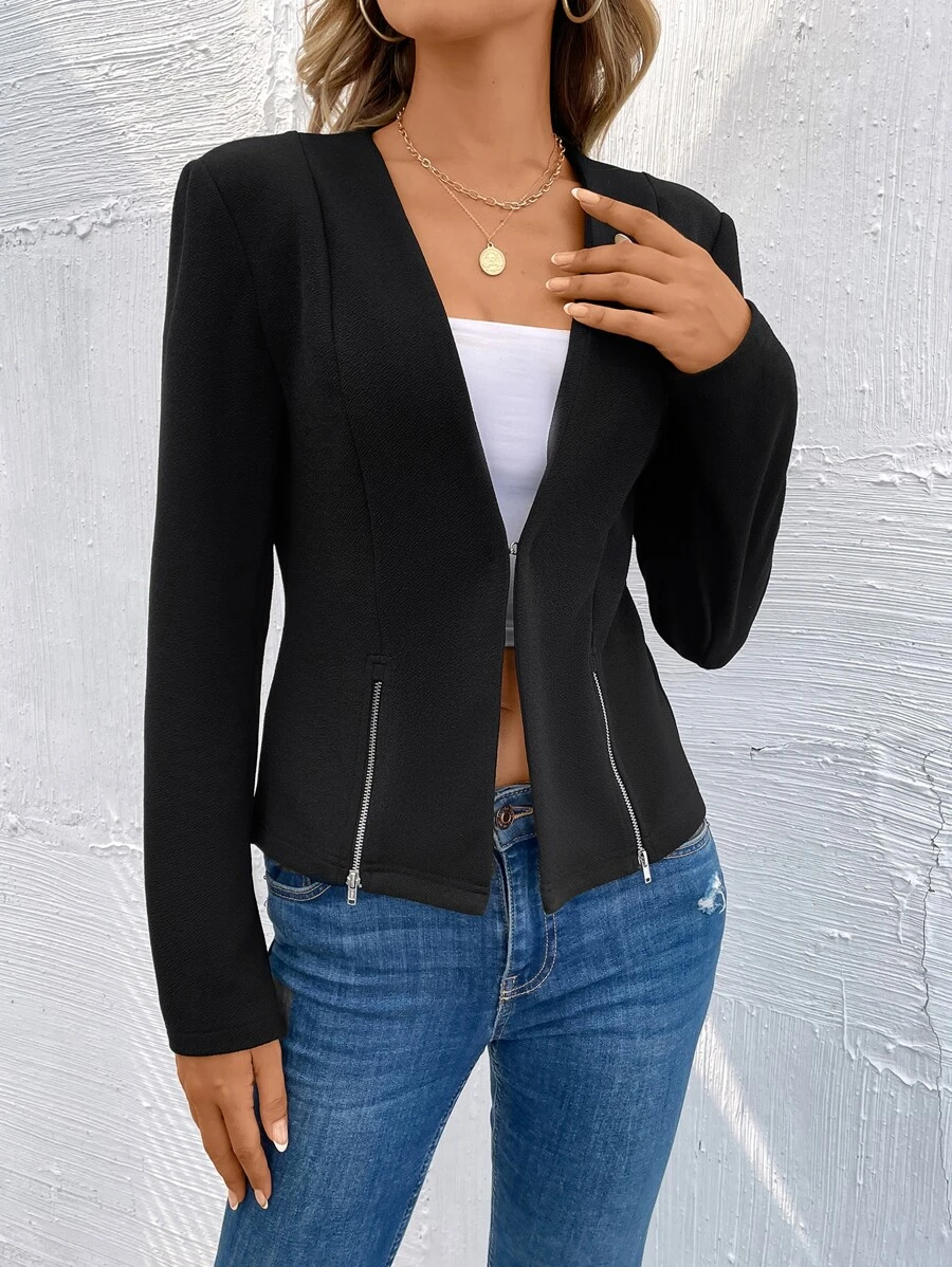 SHEIN Privé Blazer unicolor con cremallera delantera - Negro - Ver 1