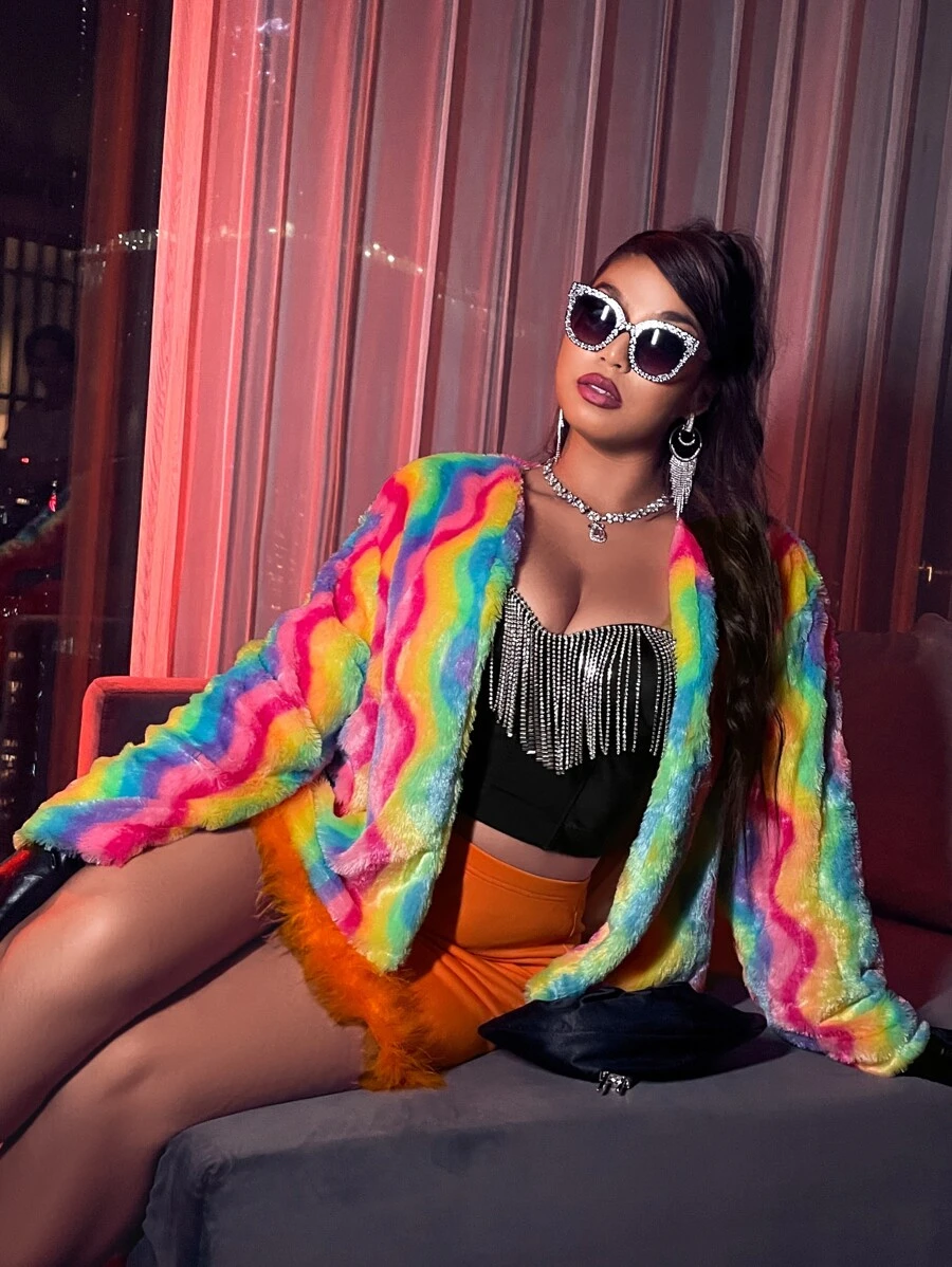 Áo khoác lông thú giả Plus Size sọc cầu vồng Hấp dẫn - Nhiều màu - Xem 1