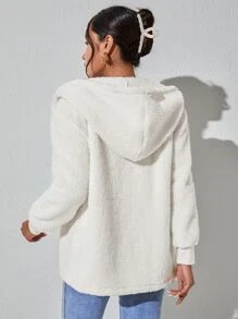 SHEIN PETITE Drop Shoulder Hooded Teddy Coat - Beige - View 2