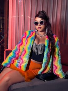 Áo khoác lông thú giả Plus Size sọc cầu vồng Hấp dẫn - Nhiều màu - Xem 3