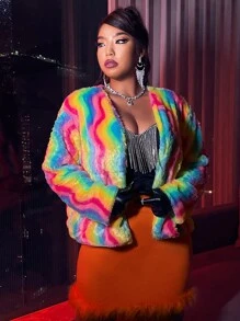 Áo khoác lông thú giả Plus Size sọc cầu vồng Hấp dẫn - Nhiều màu - Xem 4