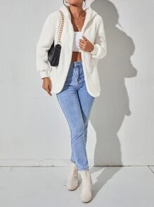 SHEIN PETITE Drop Shoulder Hooded Teddy Coat - Beige - View 3