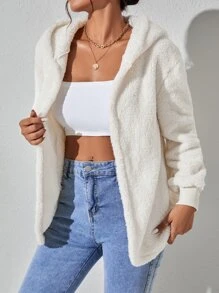 SHEIN PETITE Drop Shoulder Hooded Teddy Coat - Beige - View 4