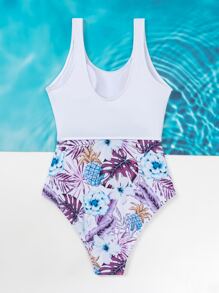SHEIN Swim 隨機花朵印花鏤空連體泳衣 - 白色 - 查看 2