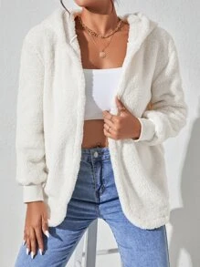SHEIN PETITE Drop Shoulder Hooded Teddy Coat - Beige - View 6