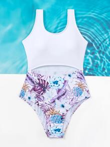 SHEIN Swim 隨機花朵印花鏤空連體泳衣 - 白色 - 查看 5