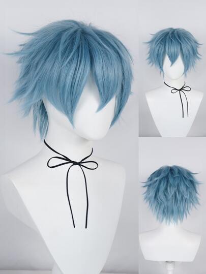 Peluca corta y recta de fibra resistente al calor con flequillo, de color azul y con capas despeinadas, para disfraz de hombre, de alta densidad y aspecto natural, unisex para adultos para vestirse y jugar roles de anime, cómic, dibujos animados y fiestas