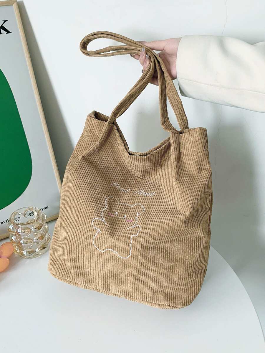 Túi mua hàng đồ họa chữ & hoạt hình bằng vải nhung - Màu Khaki - Xem 1