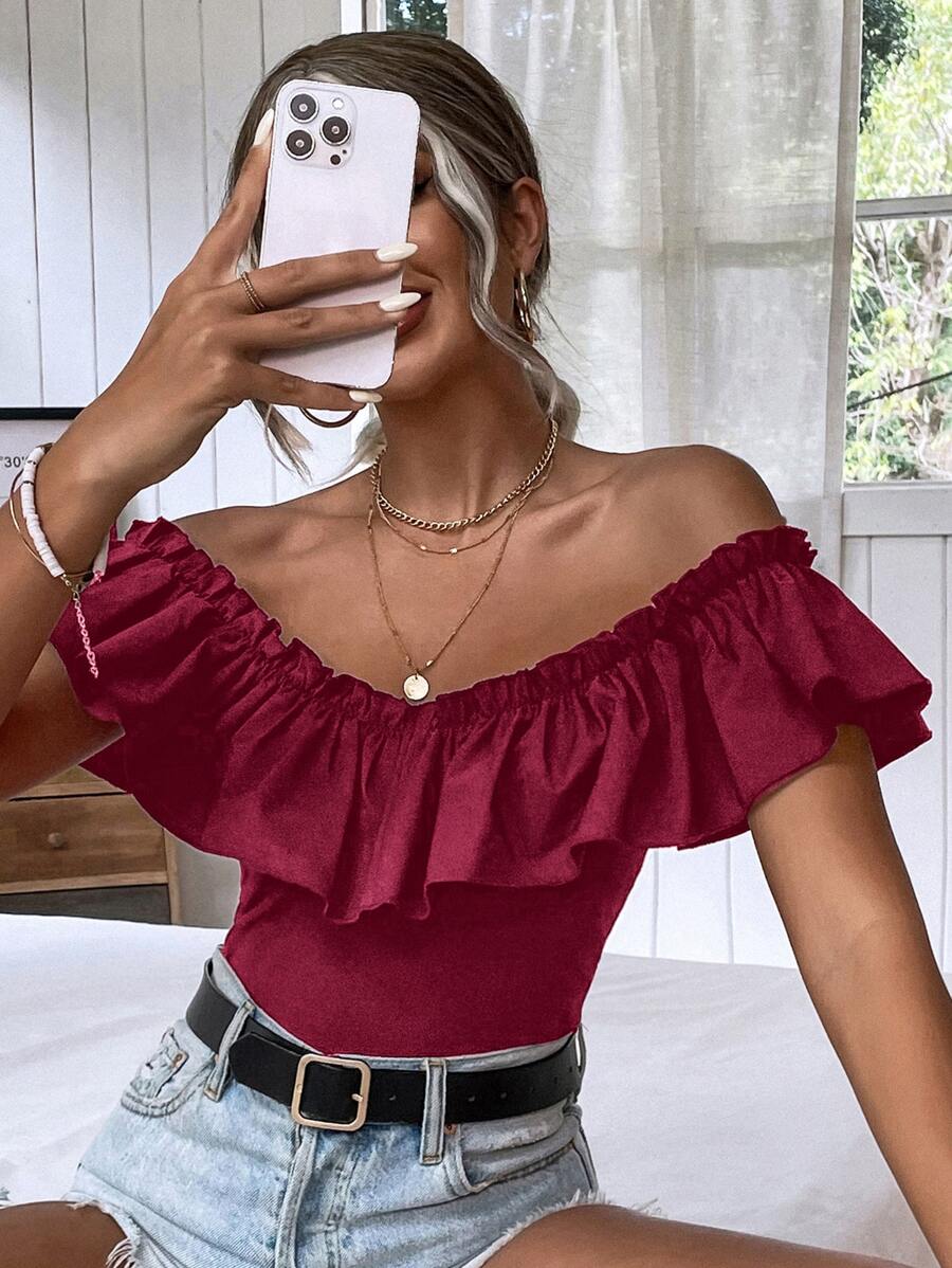 Off Shoulder Ruffle Trim Bodysuit - Maroon - View 1