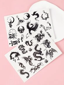 2 piezas Tatuaje temporal impermeable de Dragón y Fénix, apto para uso diario - Negro - Ver 5