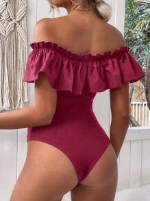 Off Shoulder Ruffle Trim Bodysuit - Maroon - View 2