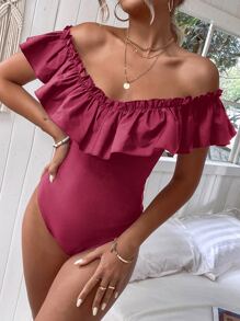 Off Shoulder Ruffle Trim Bodysuit - Maroon - View 3