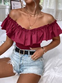 Off Shoulder Ruffle Trim Bodysuit - Maroon - View 4