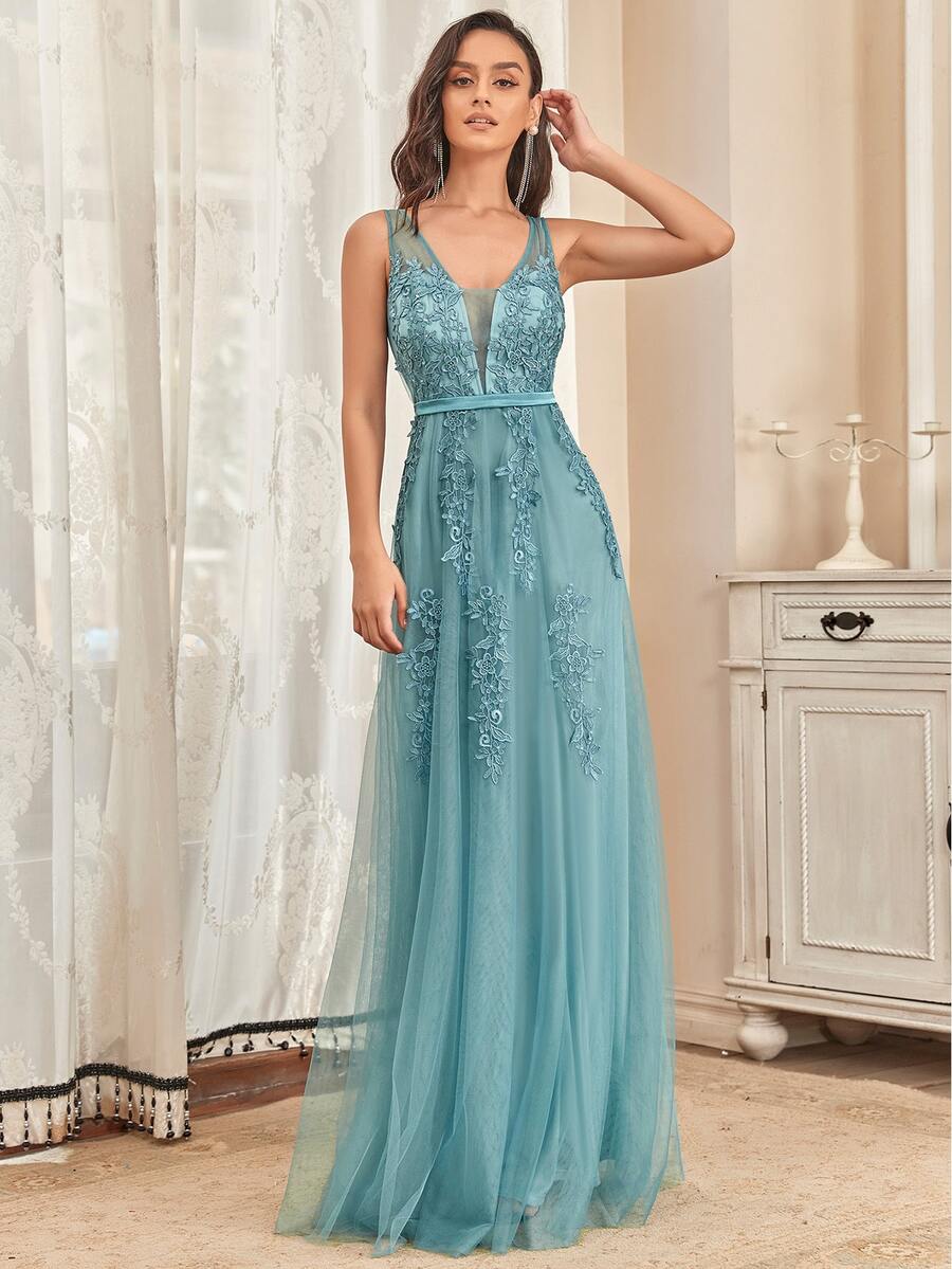 EVERPRETTY فستان وصيفة العروس تصميم أبليكوي عارية الذراعين رسم الزهر براقة - ازرق عسكري - مشاهدة 1