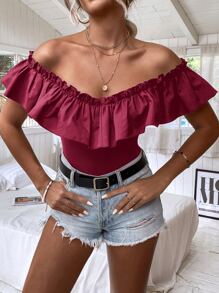 Off Shoulder Ruffle Trim Bodysuit - Maroon - View 6