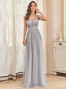 EVERPRETTY Guipure Lace Applique V-Back Mesh Bridesmaid Dress, Elegant Dress - Light Grey - View 1