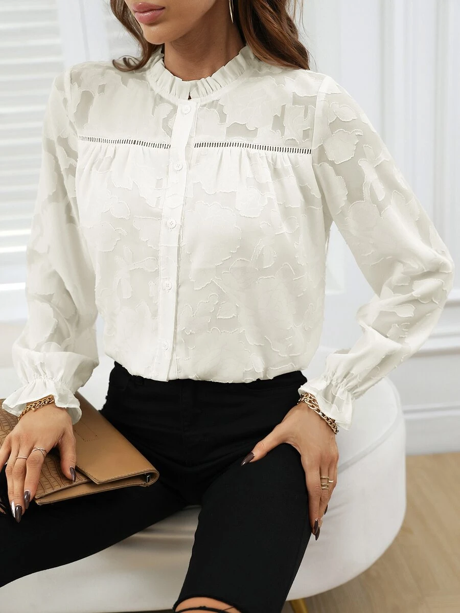 SHEIN Unity Ruffle Neck Flounce Sleeve Button Up Shirt - Apricot - View 1