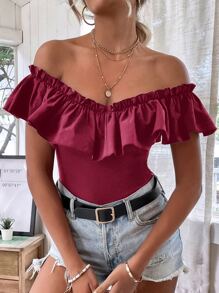 Off Shoulder Ruffle Trim Bodysuit - Maroon - View 7