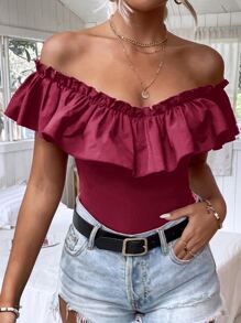 Off Shoulder Ruffle Trim Bodysuit - Maroon - View 8