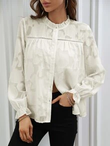 SHEIN Unity Ruffle Neck Flounce Sleeve Button Up Shirt - Apricot - View 5