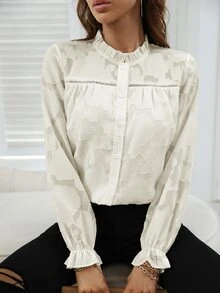 SHEIN Unity Ruffle Neck Flounce Sleeve Button Up Shirt - Apricot - View 6