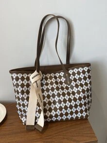 Argyle Pattern Skinny Scarf Decor Shoulder Tote Bag - Multicolor - View 1