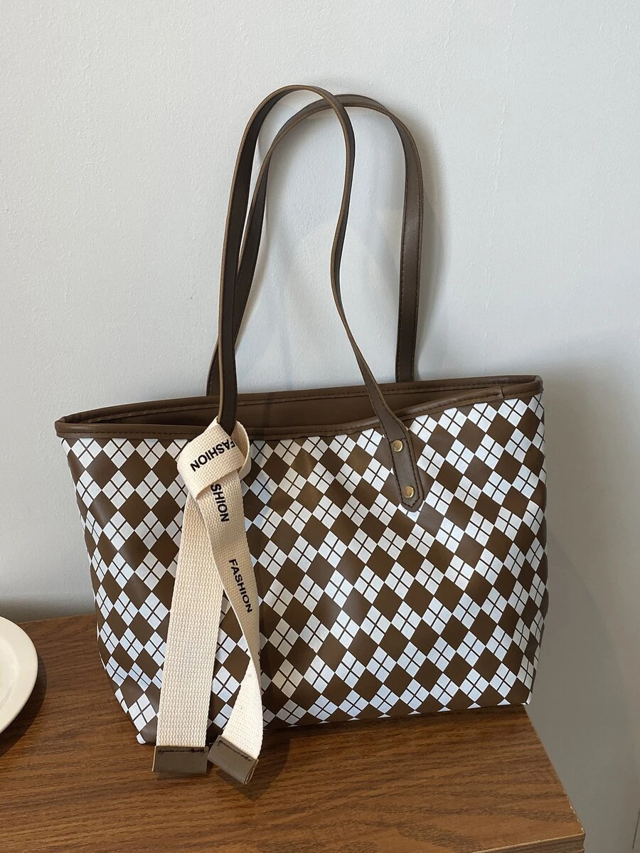 Argyle Pattern Skinny Scarf Decor Shoulder Tote Bag - Multicolor - View 1