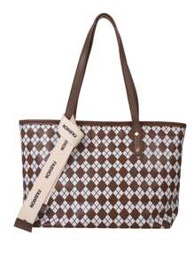 Argyle Pattern Skinny Scarf Decor Shoulder Tote Bag - Multicolor - View 2