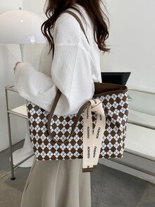 Argyle Pattern Skinny Scarf Decor Shoulder Tote Bag - Multicolor - View 4